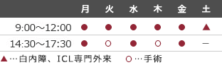 診療時間　9:00-12:00 14:30-17:30▲…白内障、ICL専門外来　〇…手術　休診日：土曜午後、日曜祝日